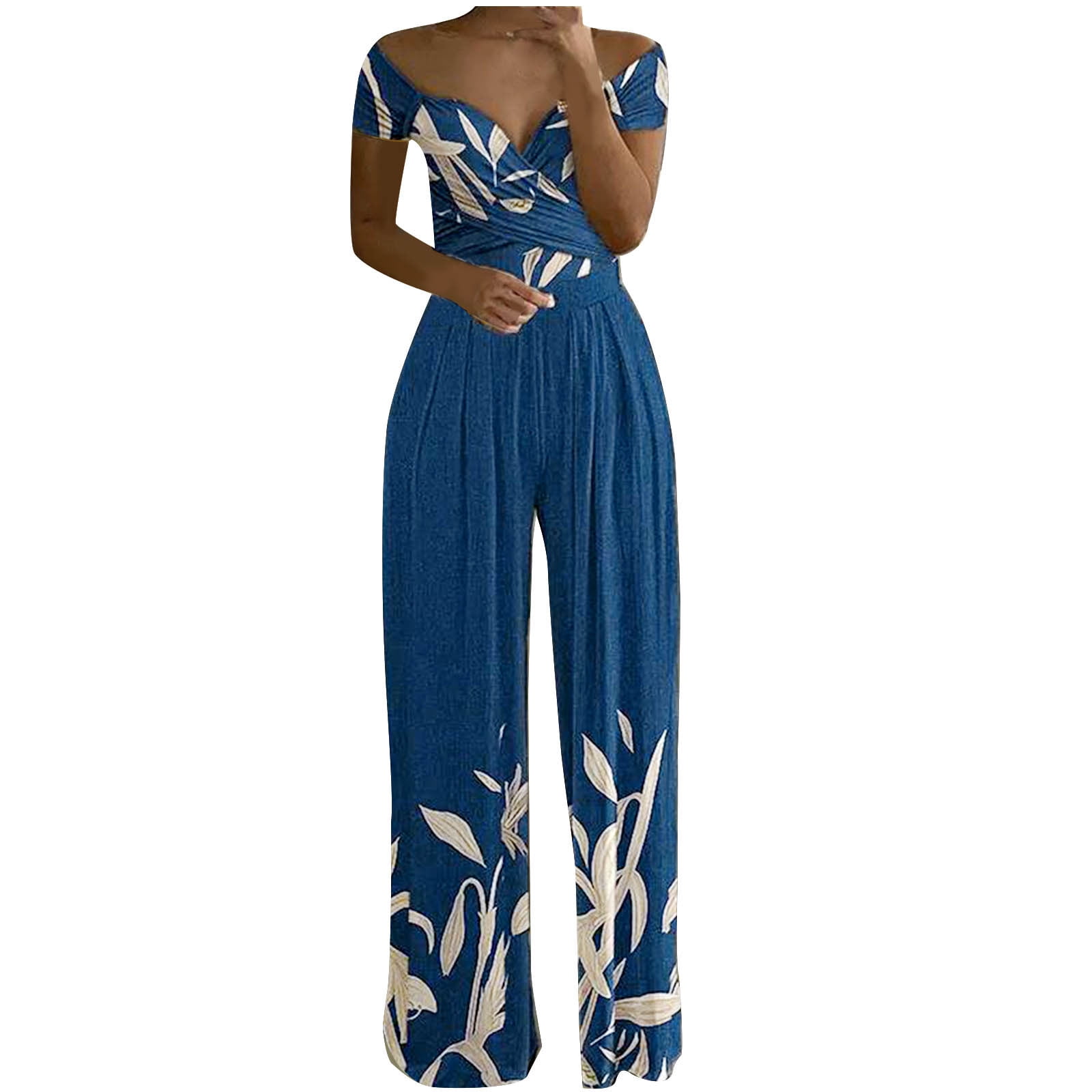 Dressy Jumpsuits for Women Off the Shoulder V Neck High Waisted Wide