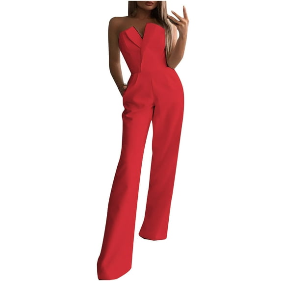 Dressy Jumpsuits for Women Strapless Elegant V Neck Off Shoulder Wide Leg Pants Cocktail Party Romper Clubwear