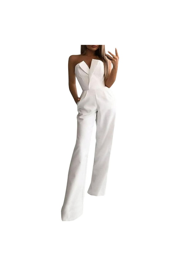 Dressy Jumpsuits for Women Strapless Elegant V Neck Off Shoulder Wide Leg Pants Cocktail Party Romper Clubwear