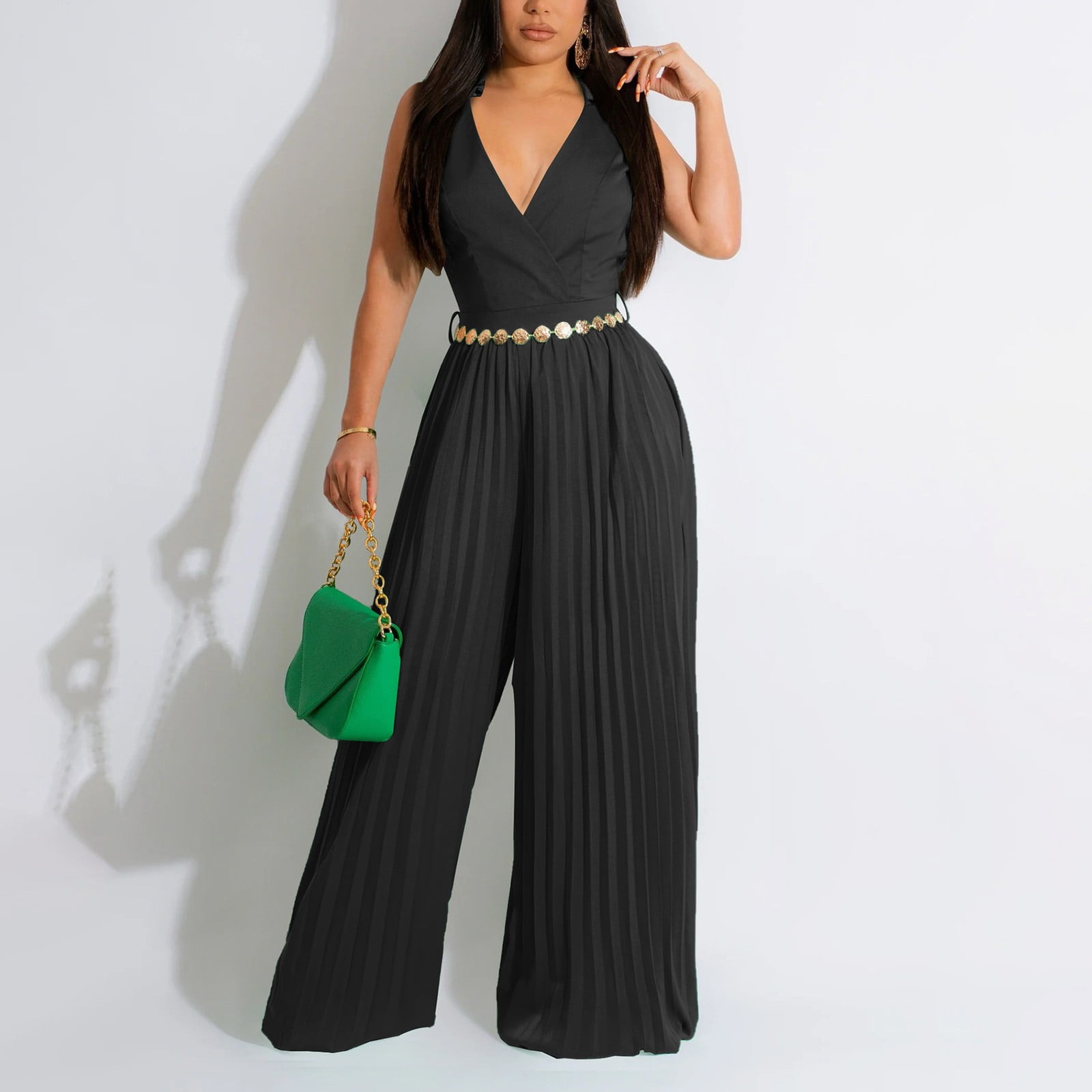 Dressy Jumpsuits for Women Wrap V Neck Sleeveless Collared