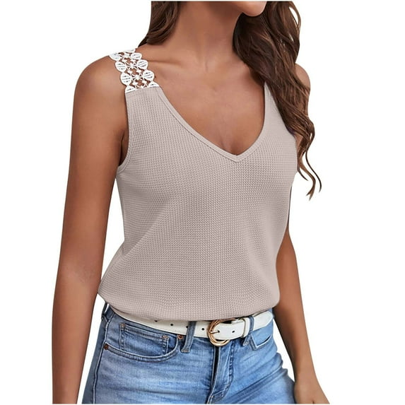 Dressy Knit Tanks Top for Women Thick Lace Strap T-Shirt Summer Sleeveless V-Neck Casual Loose Tank