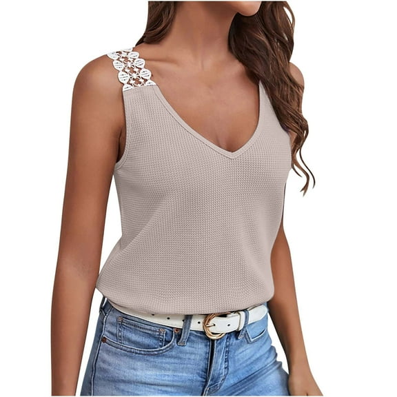 Dressy Knit Tanks Top for Women Thick Lace Strap T-Shirt Summer Sleeveless V-Neck Casual Loose Tank