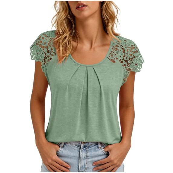 Dressy Lace Patchwork Summer Tops for Women Loose Pleated Crewneck Short Sleeve Going Out Casual Tee Shirts