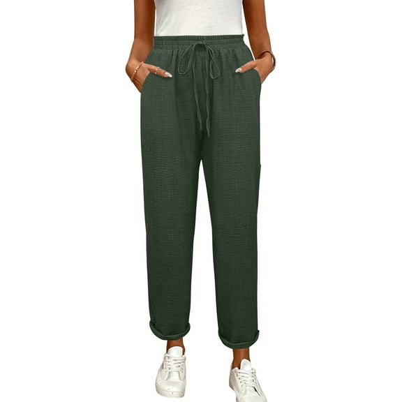 Dressy Linen Pants for Women Drawstring Ankle Length High Waisted Wide Leg Cropped Pants Elastic Waist Lightweight Beach Trousers Army Green XL