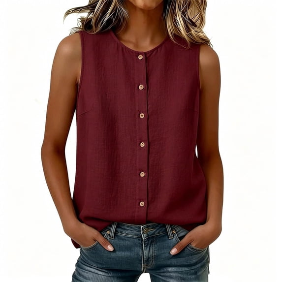 Dressy Linen Tank Tops for Women Button Down Loose Summer Versatile Sleeveless Blouses Business Casual Shirts