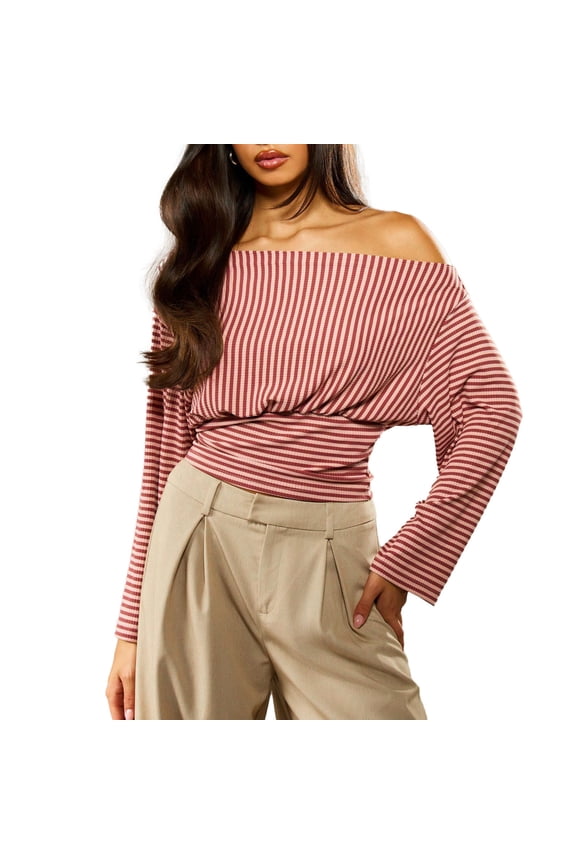 Dressy Off The Shoulder Striped Blouses for Women Long Sleeve Ribbed Knit Shirts Elegant Business Casual Crop Tops