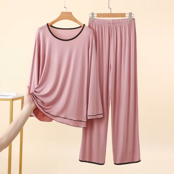 Dressy Pant Suits for a Wedding Womens Soft Loungewear Outfits, Crew Neck Long Sleeve Top Wide Leg Pants, Comfortable Two Piece Home Pajama Set Orange L