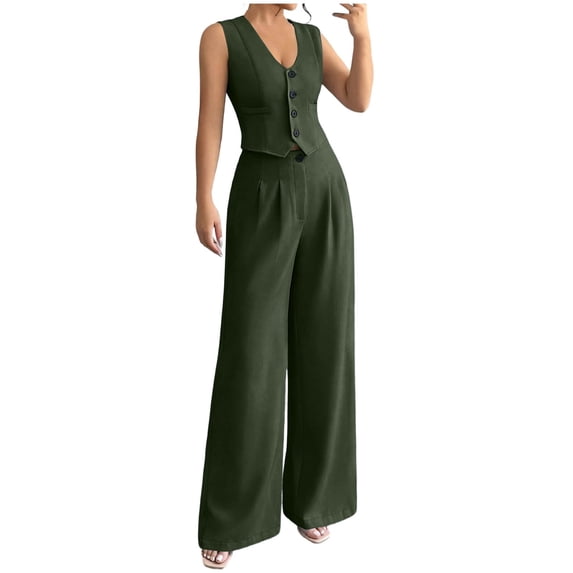 Dressy Pant Suits for Women Summer V Neck Crop Blazer Vest with Wide Leg Pants Business Work 2 Piece Outfits