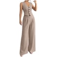 thumbnail image 1 of Dressy Pant Suits for Women Summer V Neck Crop Blazer Vest with Wide Leg Pants Business Work 2 Piece Outfits, 1 of 6