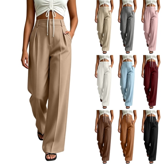 Dressy Pants For Womens Liweisiy High Waist Solid Color Straight Leg Loose Trousers Business Casual Work Trendy Pants Khaki M