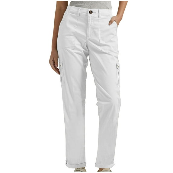 Dressy Pants for Women Womens Cargo Pants Bussiness Work Pants Casual Straight Leg Long Pants Elastic Waist Trousers with Pockets Flare Trousers for Women S-144 White XXL
