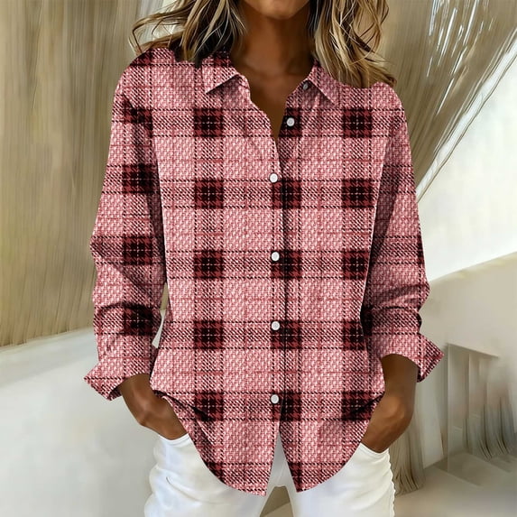 Dressy Plaid Button Down Shirts for Women Casual Long Sleeve Lapel Blouse Oversized Fall Winter Shirt Jackets