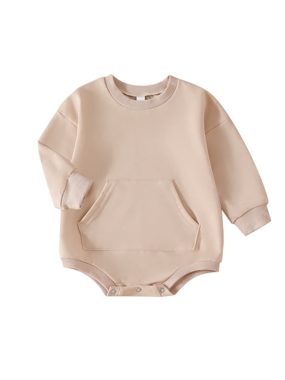 Dressy Romper For Boys Baby Sweatshirt Solid Color Crewneck Sweater Onesie Oversized Long Sleeve Bodysuit With Pocket Rompers 12 Months-18 Months