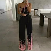 BSYOUFIER Dressy Rompers for Women 2024 Clearance Deals Women's Elegant Casual Sleeveless One Shoulder High Waist Long Jumpsuit , Womens Rompers and Jumpsuits , Rompers for Women Dressy Black S