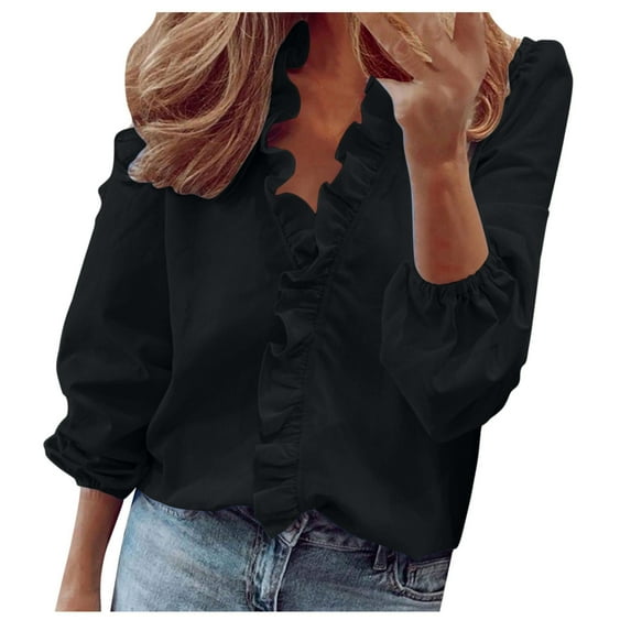 Dressy Ruffle Tops Womens Long Sleeve Casual V Neck Solid Color Plus Size Blouses Shirts for Ladies Fall Clothes (X-Large, Black)