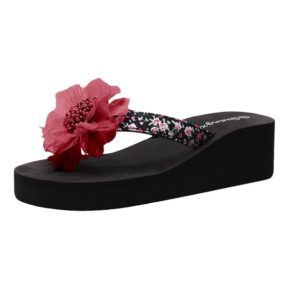 Dressy Sandals Women Women Shoes Wedge Flip Flops Flower Flip Flops Women's Wedge Outer Wear Thick Sole Seaside Beach Red 37
