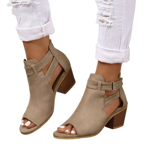 Dressy Sandals for Women 2025 Summer Fall Suede Peep Toe Chunky High Heels Ankle Booties with Back Zipper