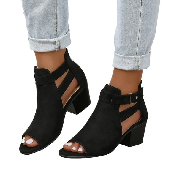 Dressy Sandals for Women 2025 Summer Fall Suede Peep Toe Chunky High Heels Ankle Booties with Back Zipper