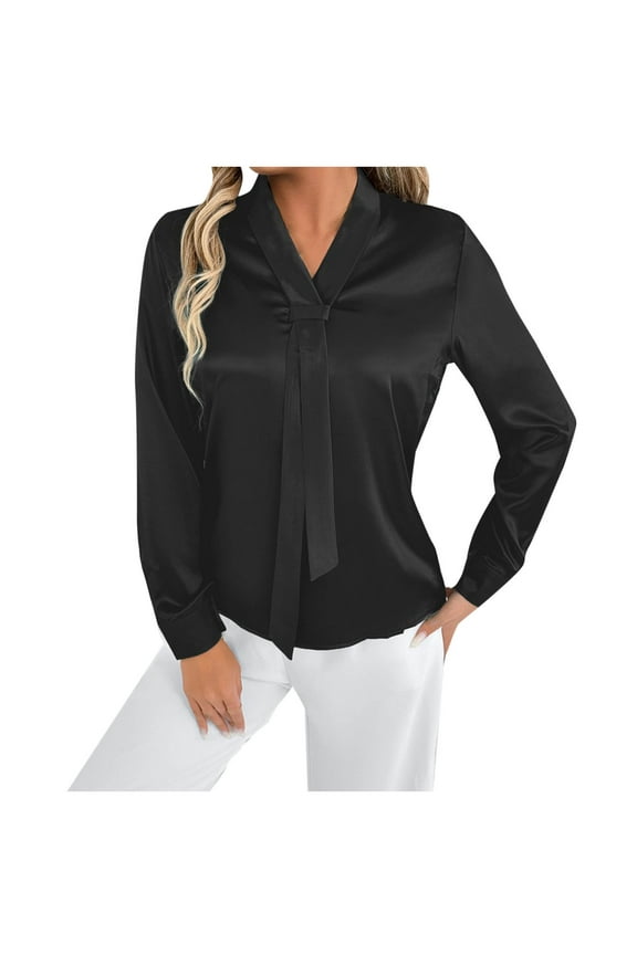 Dressy Satin Shirts for Women Summer Tops - Long Sleeve V Neck Formal Casual Business Work Office Blouse Black XS