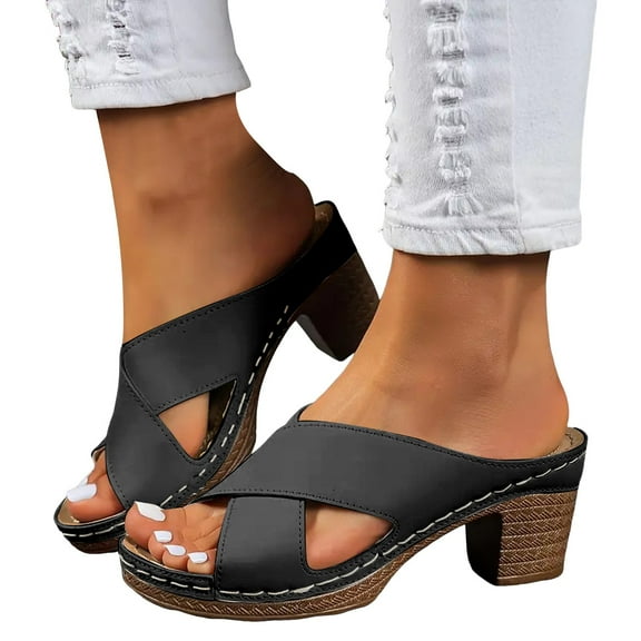 Dressy Slip on Sandals for Women 2025 Summer Stylish Ladies Cross Band Chunky High Heels Dress Slides