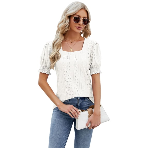 Dressy Square Neck Tops for Women,Women Short Sleeve Square Neck Jacquard Solid Color Puff Sleeved Loose T Shirt Top,Puffy Short Sleeve Spring Tops(Size:S)