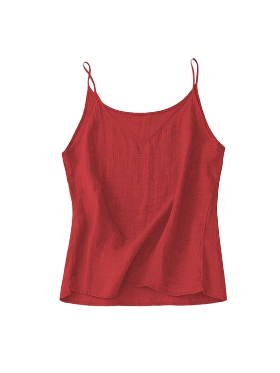 Dressy Tank Tops for Women Spaghetti Strap V Neck Loose Fit Vacation Cotton Linen Top Comfort Workout Tank Tops Woman Red M