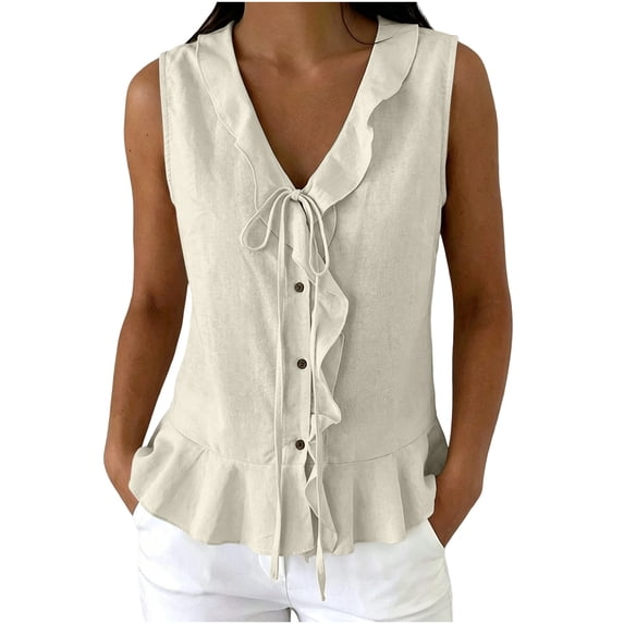 Dressy Tie Front Linen Tank Tops for Women Summer Ruffle Loose V Neck Sleeveless Going Out Tee Shirts
