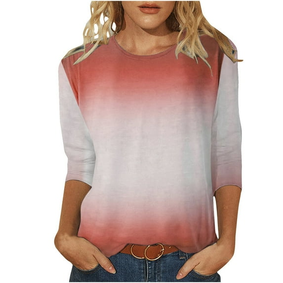 Dressy Tops Women Long Sleeve Plus Size Tops Women Print T shirt Mid length 3/4 Sleeve Blouse Round Neck Casual Tops