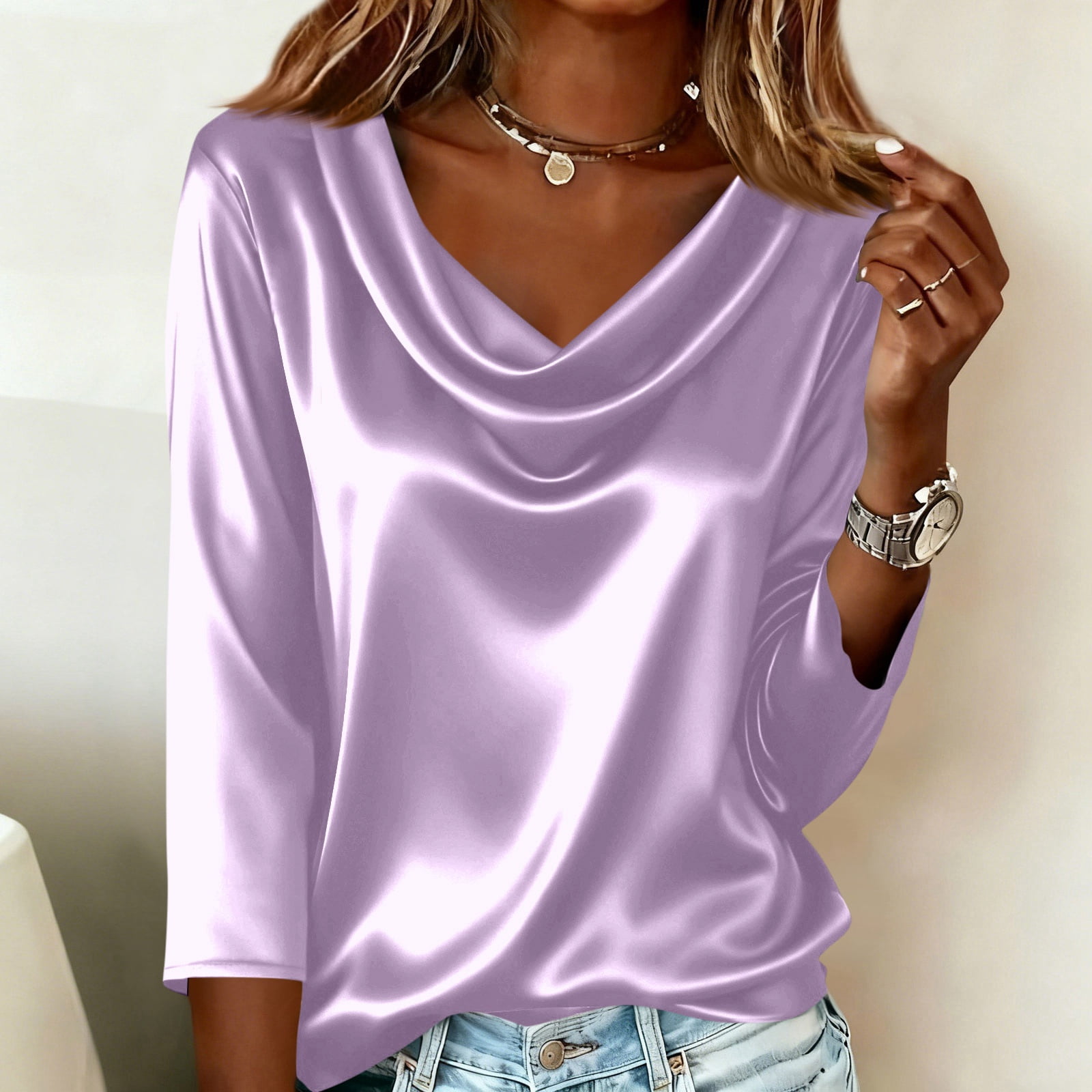 Dressy Tops for Women 3/4 Length Sleeve Silk Satin Blouses Business ...