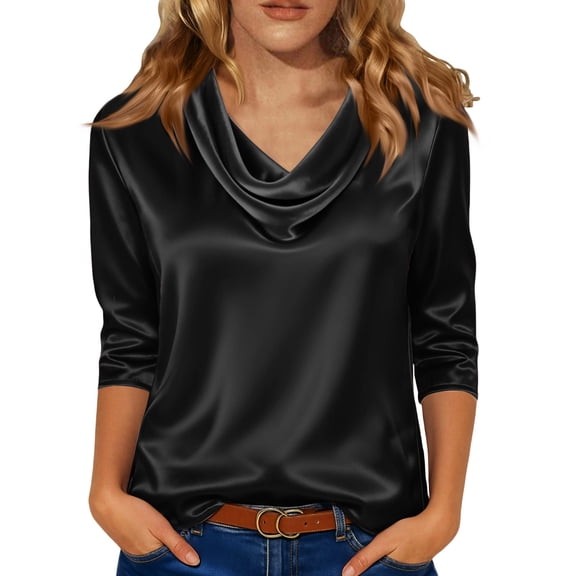 Dressy Tops for Women 3/4 Sleeve Silk Satin Blouses Business Work T Shirts Loose Fit Cowl Neck Spring Summer Outfits 2026/Black/L