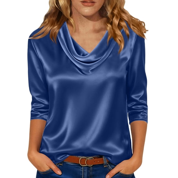 Dressy Tops for Women 3/4 Sleeve Silk Satin Blouses Business Work T Shirts Loose Fit Cowl Neck Spring Summer Outfits 2026 Blue 2XL