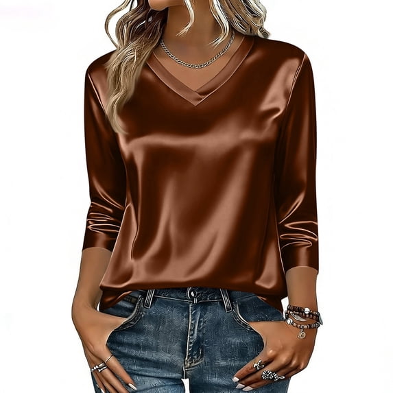 Dressy Tops for Women 3/4 Sleeve Silk Satin Blouses Business Work T Shirts Loose Fit V Neck Spring Summer Outfits 2026 #03Brown L