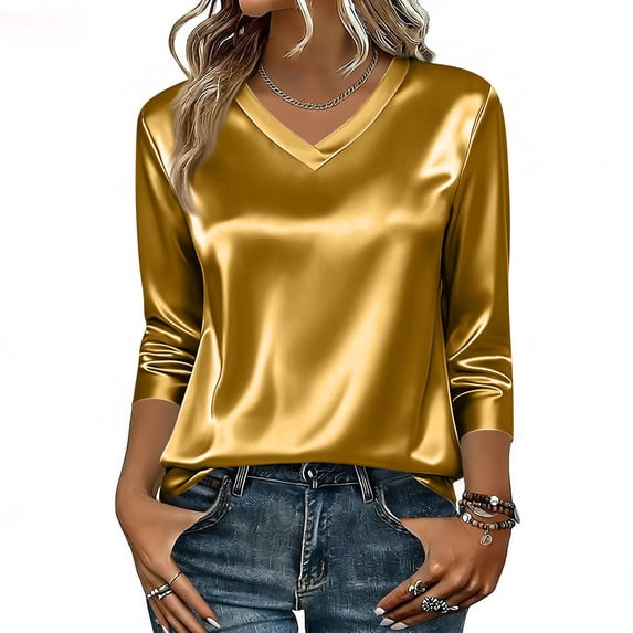 Dressy Tops for Women 3/4 Sleeve Silk Satin Blouses Business Work T Shirts Loose Fit V Neck Spring Summer Outfits 2026 #03Gold 2XL