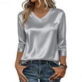 thumbnail image 1 of Dressy Tops for Women 3/4 Sleeve Silk Satin Blouses Business Work T Shirts Loose Fit V Neck Spring Summer Outfits 2026 #03Light Gray 2XL, 1 of 6