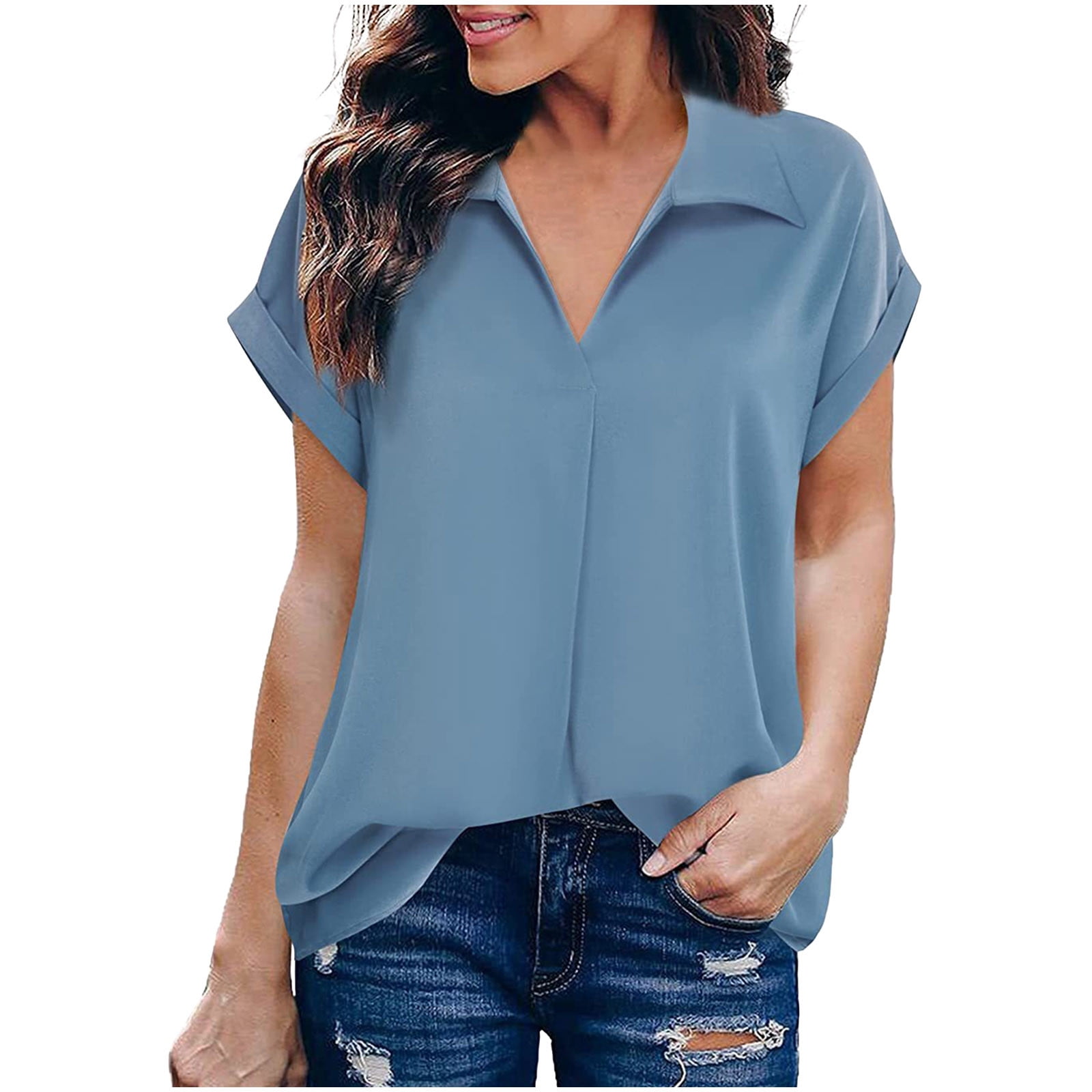 Dressy Tops for Women Business Casual Vintage Plain Color Short Sleeve ...