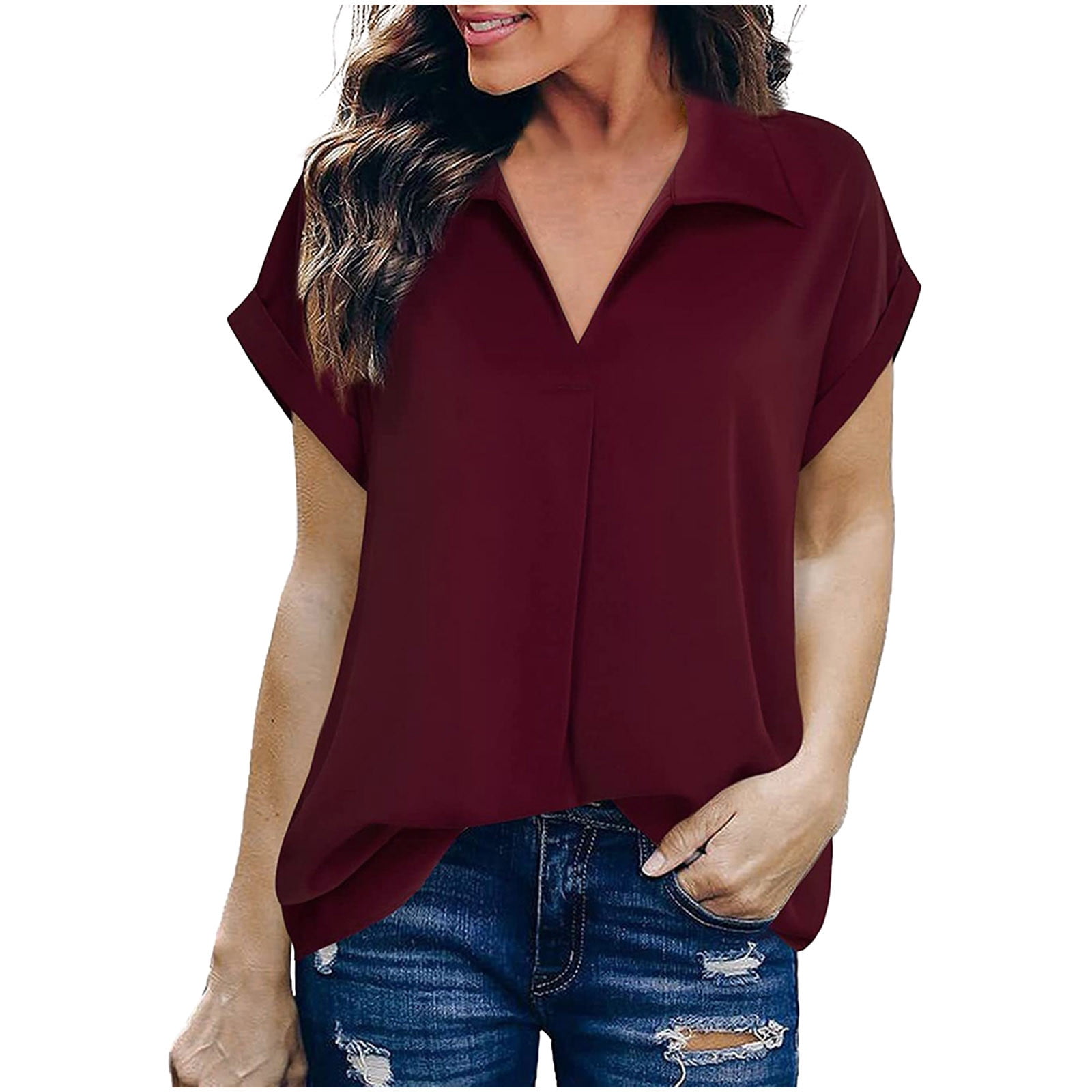 Dressy Tops for Women Business Casual Vintage Plain Color Short Sleeve  Shirts Summer Fashion Thin Lapel V Neck T-Shirts 