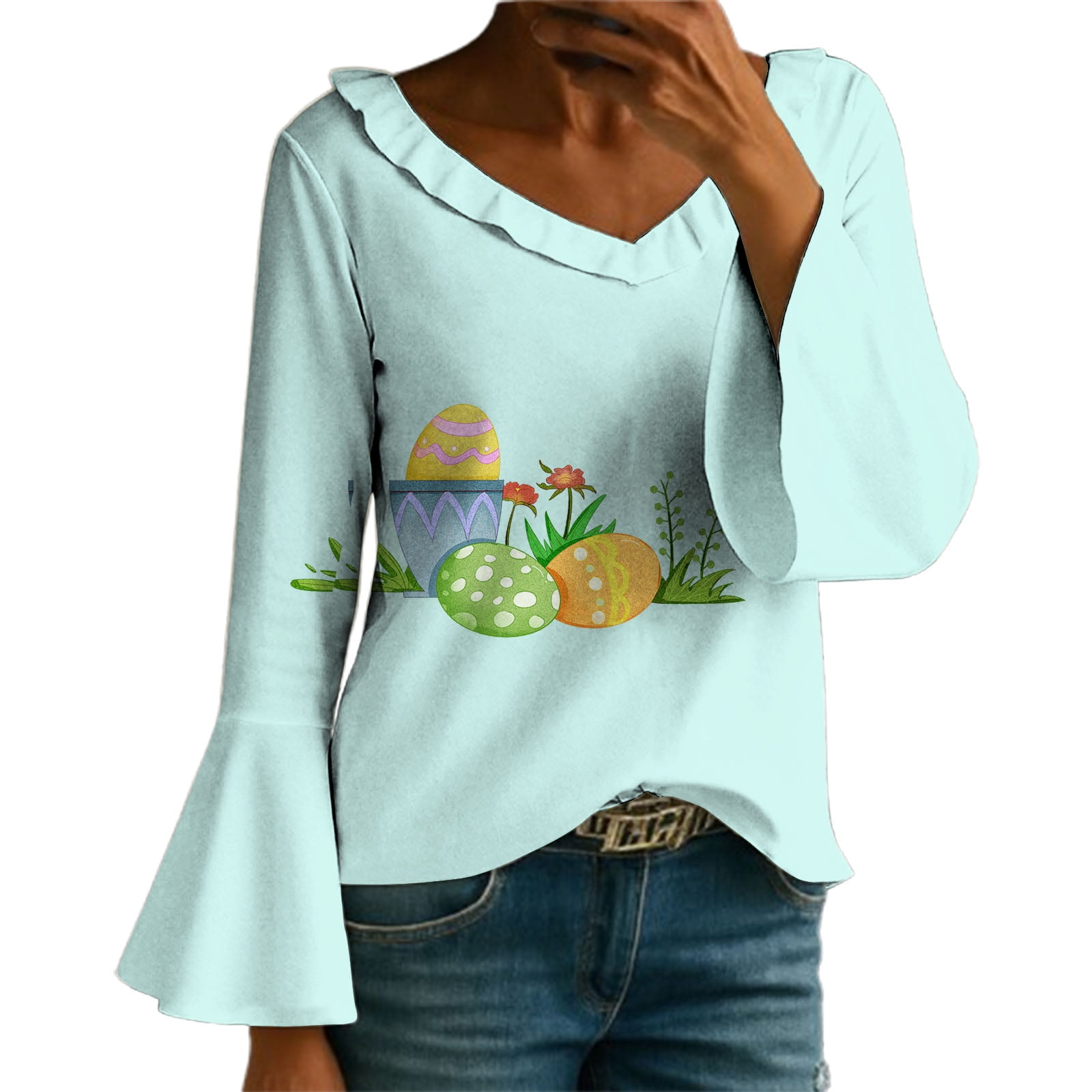 Dressy Tops for Women Egg Print V Neck Loose Long Sleeve Summer Shirt ...