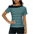 thumbnail image 1 of Dressy Tops for Women Fashion Striped Casual Short-Sleeve Off-Shoulder Patchwork T-Shirts Top, 1 of 9