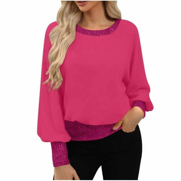 Dressy Tops for Women Long Sleeve Sequins Patchwork Fashion Pullover Blouses Loose Sparkly Party Holiday Outfits (XL, Hot Pink)