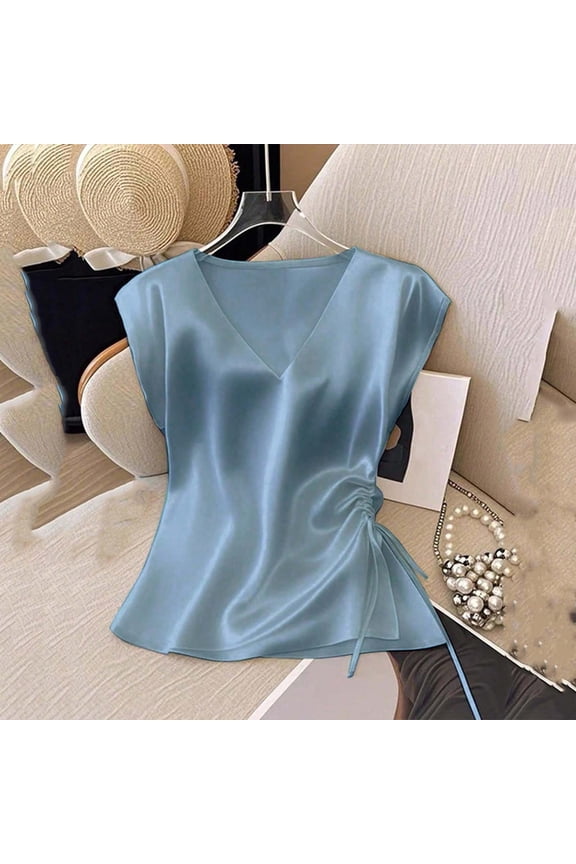 Dressy Tops for Women Satin V Neck Tank Tops Side Drawstring Cap Sleeve Casual Work Shirts Tops Trendy,Size L