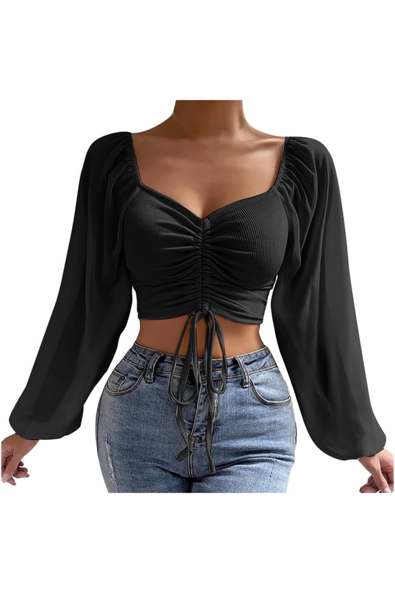 Dressy Tops for Women Trendy Cute V Neck Long Sleeve Crop Tops with Front Drawstring Comfortable Fitted Going Out Tops