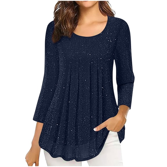 Dressy Tops for Women, Women's Pleated 3/4 Sleeve Glitter Shirts Casual Flowy Blouses Mesh Layered Tunic Tops (L, Navy)