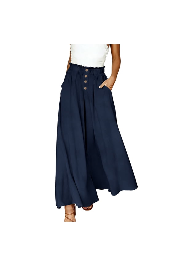 Dressy Trouser for Women Flowy Wide Leg Culottes Ruffle Elastic Waist Pants with Button Decor Slacks Business Casual Trousers with Pockets Navy S