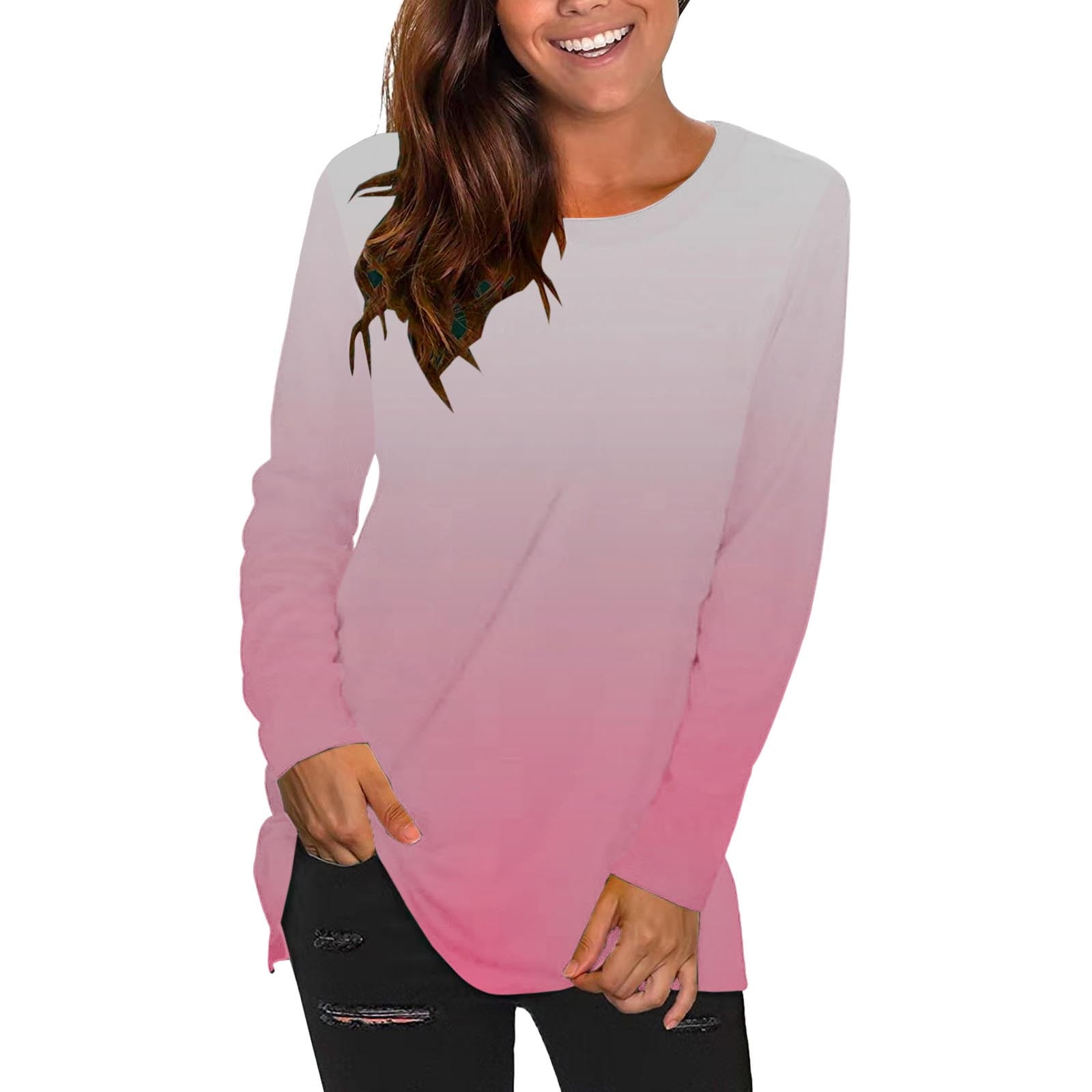 Tunic Tops to Wear with Leggings Dressy Flowy Hide Belly Long Shirt Long  Sleeve Shirts Comfy Round Neck Solid Plus Size Tops for Women Pink M 