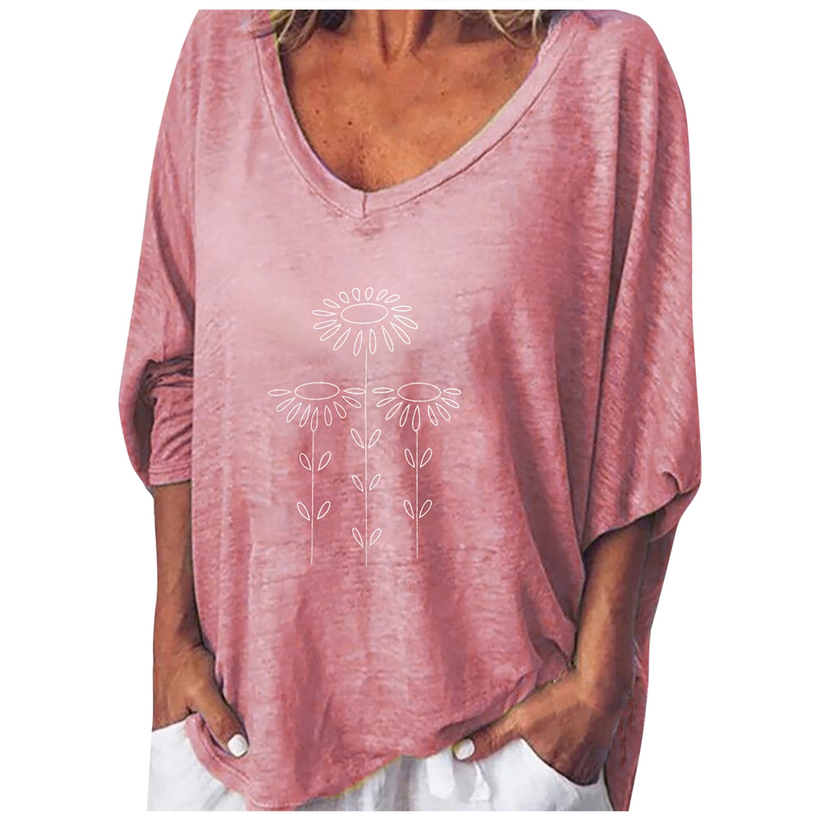 Dressy Tunic Tops to Wear with Leggings V-Neck Dandelion Graphic
