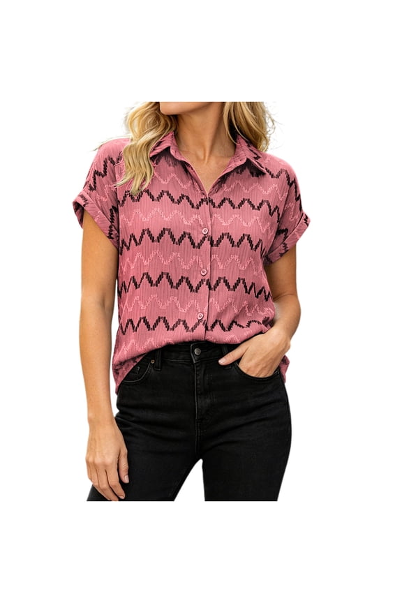Dressy Turndown Collar T-Shirts Short Sleeve Button-Down Blouse Wave Print Fashion Top Lightweight Summer Everyday Vacation Wear