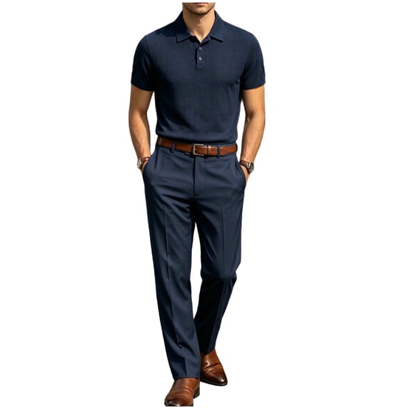 Dressy Two Piece Set for Knitted Short Sleeve Shirt & Pants Business Casual Office Outfit Spring Summer 2 PC Sets Dark Blue 3XL