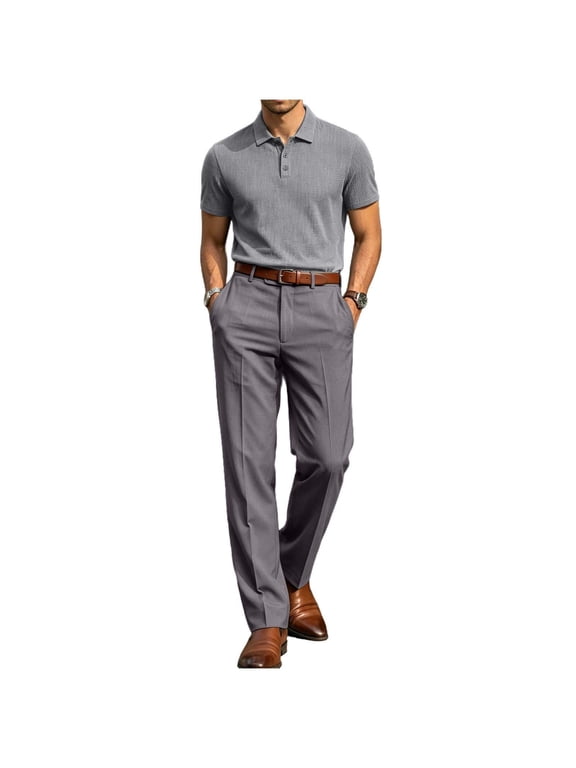 Dressy Two Piece Set for Knitted Short Sleeve Shirt & Pants Business Casual Office Outfit Spring Summer 2 PC Sets Gray M