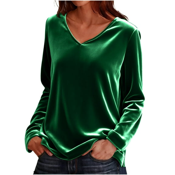 Dressy Velvet Tops for Women Christmas Party Casual Elegant Blouses Loose V Neck Long Sleeve Vintage T-shirts (XL, Green)