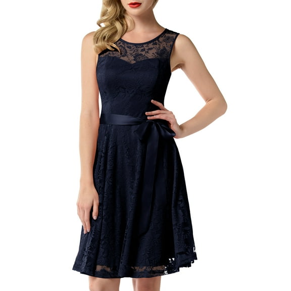 Dressystar Women Floral Lace Cocktail Party Dress Sheer Neckline Knee Length Bridesmaid Dress